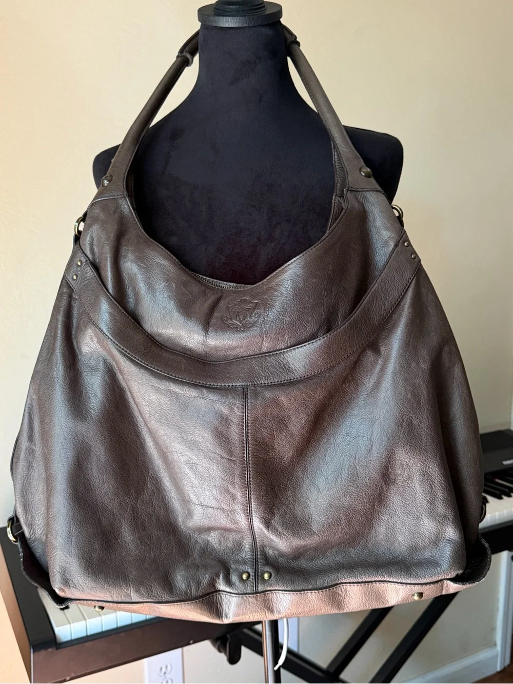 Slouch hobo Multi pocket oversized shoulder bag purple polka dot lining leather